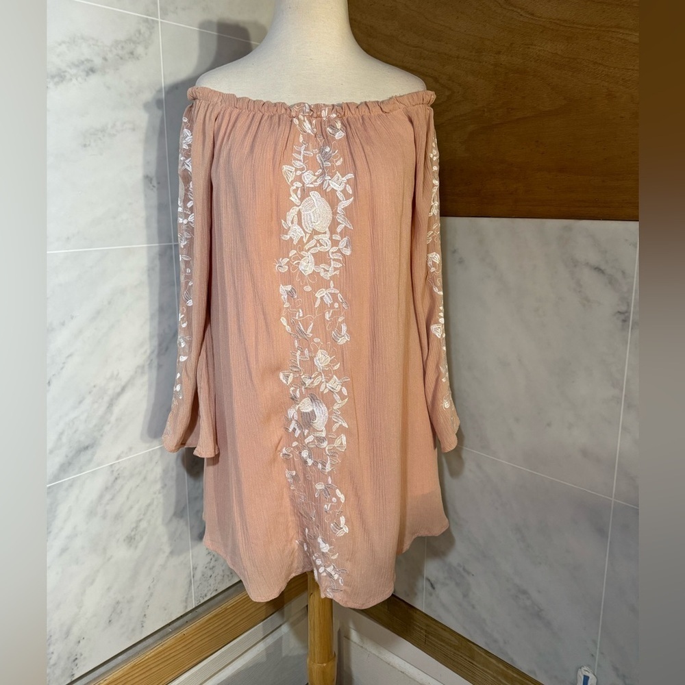 ToBi Pink off the shoulder dress with white, flora embroidered details size S